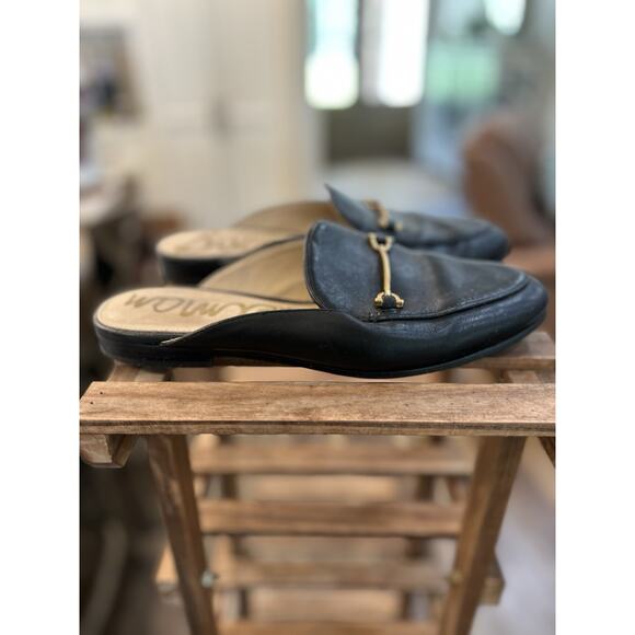 SAM EDELMAN LOUNETTE Size 6.5M Black Leather Mules Toe Gold Horsebit Flats Shoes - Picture 4 of 9